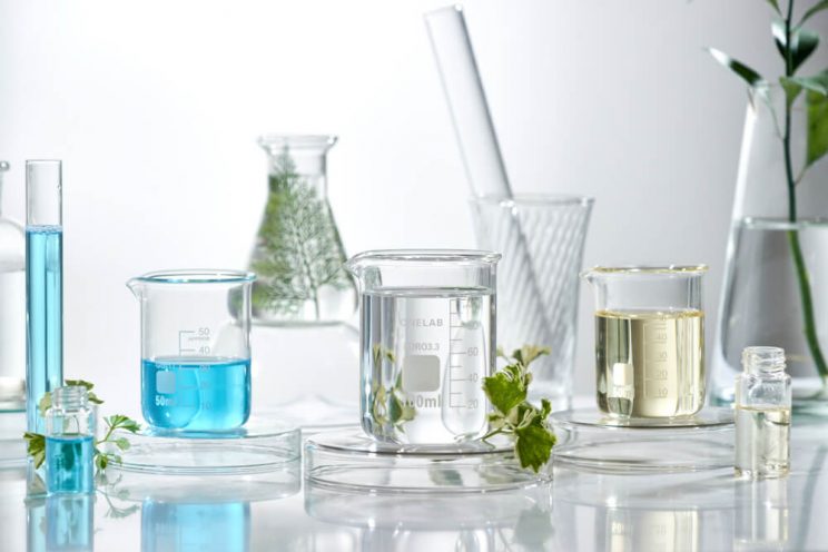 Skincare ingredients in test tubes